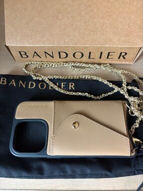 Bandolier Tan Leather Crossbody Phone Case with Gold Chain Strap - 16 Pro